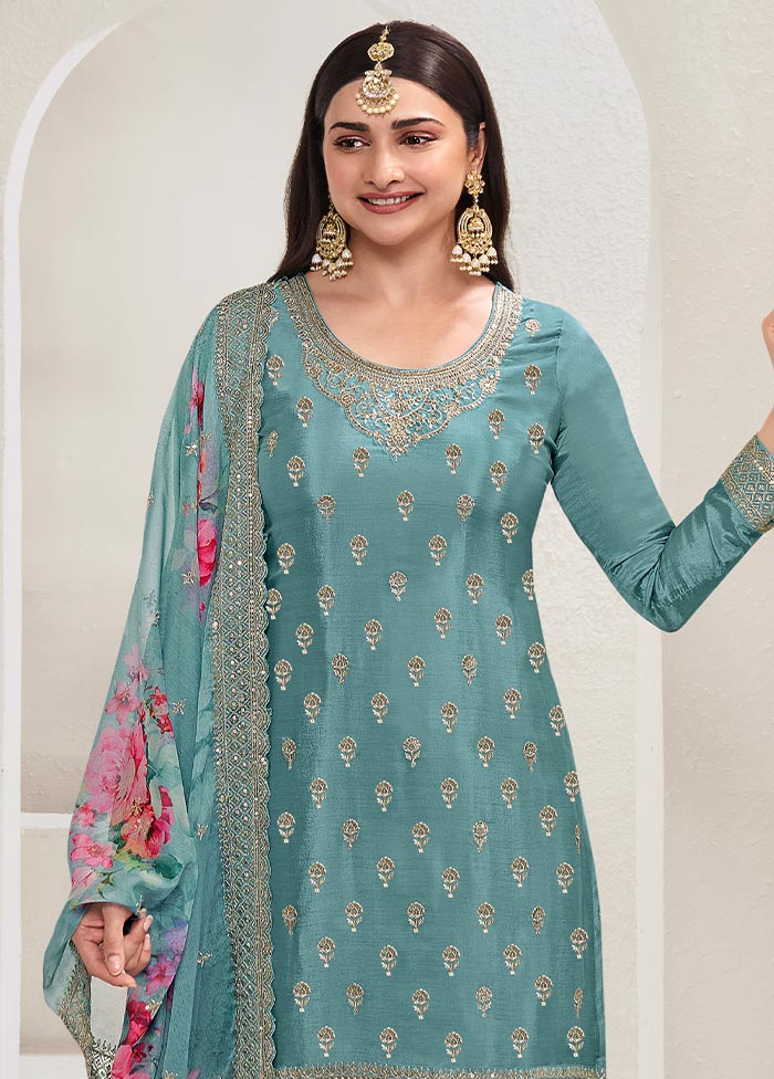 3 Pc Blue Semi Stitched Viscose Suit Set