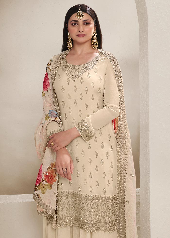 3 Pc Cream Semi Stitched Viscose Suit Set