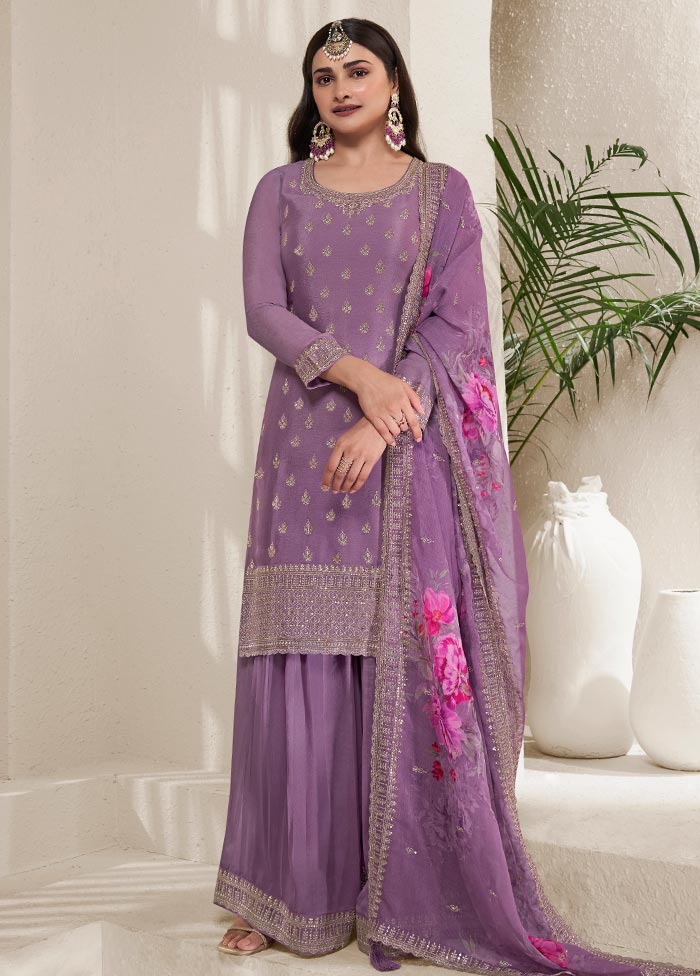 3 Pc Purple Semi Stitched Viscose Suit Set