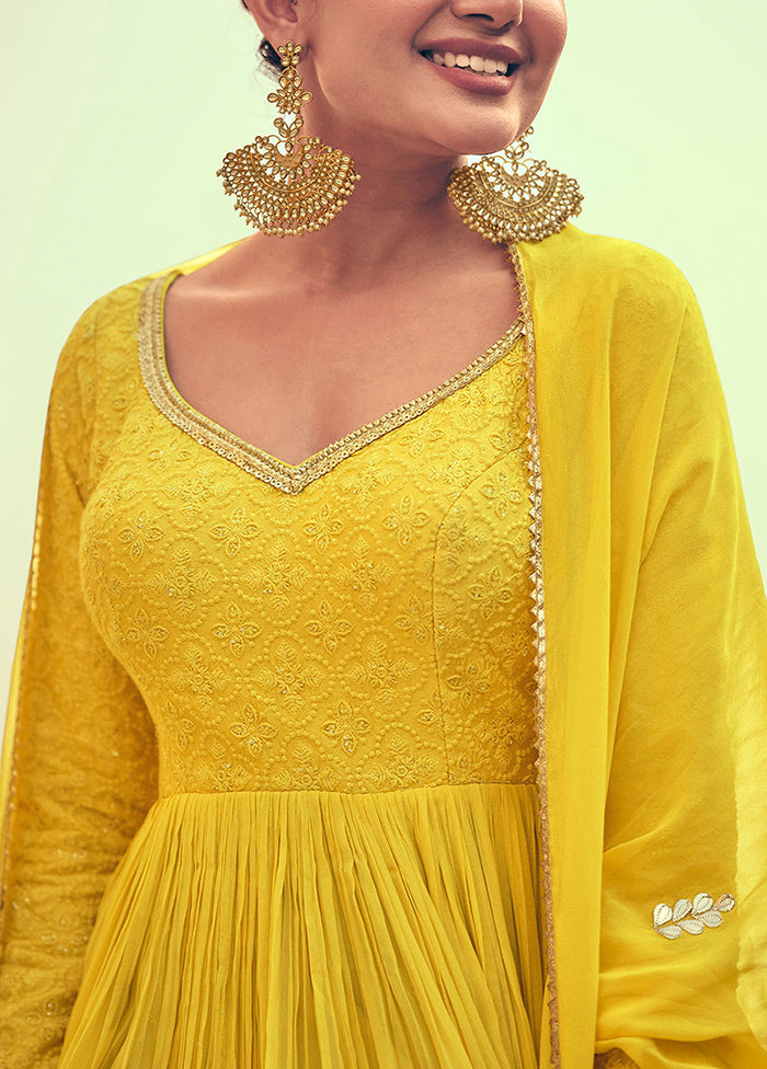 3 Pc Yellow Semi Stitched Georgette Suit Set