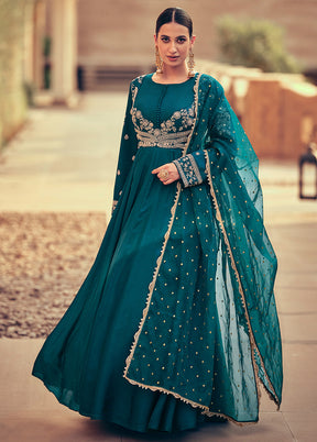 3 Pc Teal Semi Stitched Silk Suit Set