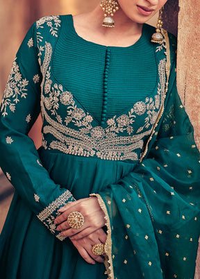 3 Pc Teal Semi Stitched Silk Suit Set