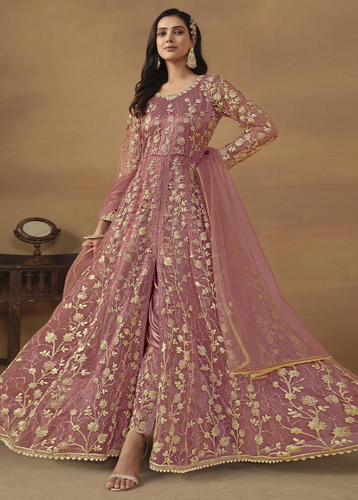 3 Pc Pink Semi Stitched Net Suit Set