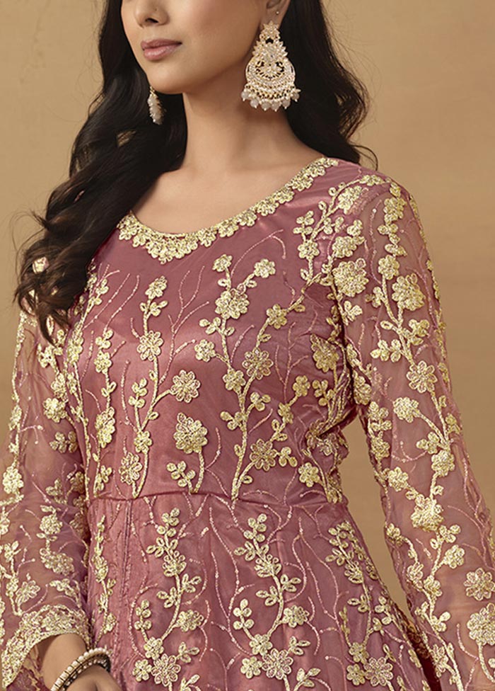 3 Pc Pink Semi Stitched Net Suit Set