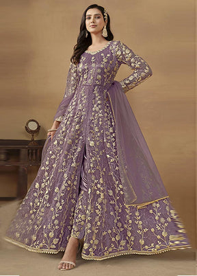 3 Pc Purple Semi Stitched Net Suit Set