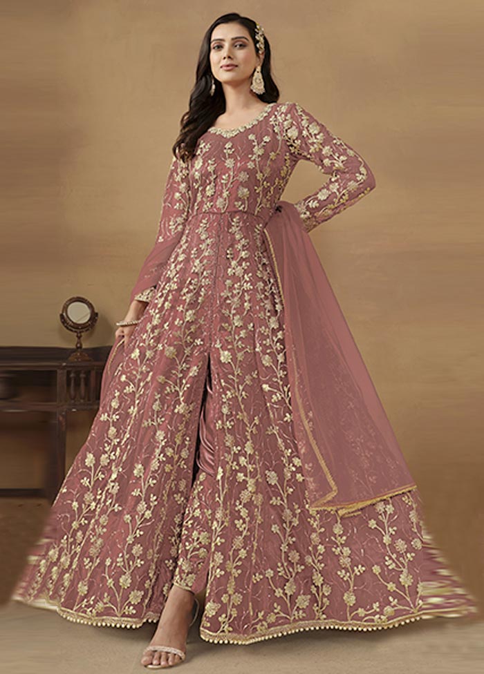 3 Pc Pink Semi Stitched Net Suit Set