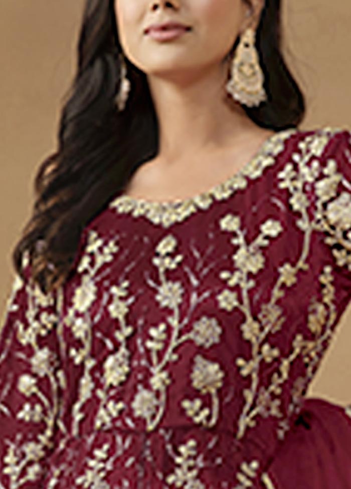 3 Pc Maroon Semi Stitched Net Suit Set