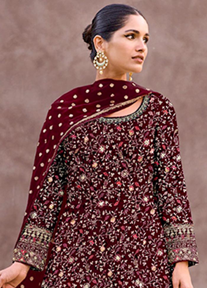 3 Pc Maroon Semi Stitched Georgette Suit Set