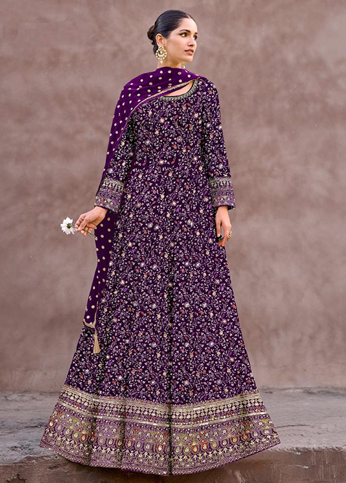 3 Pc Purple Semi Stitched Georgette Suit Set