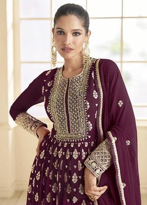 3 Pc Dark Purple Semi Stitched Georgette Suit Set