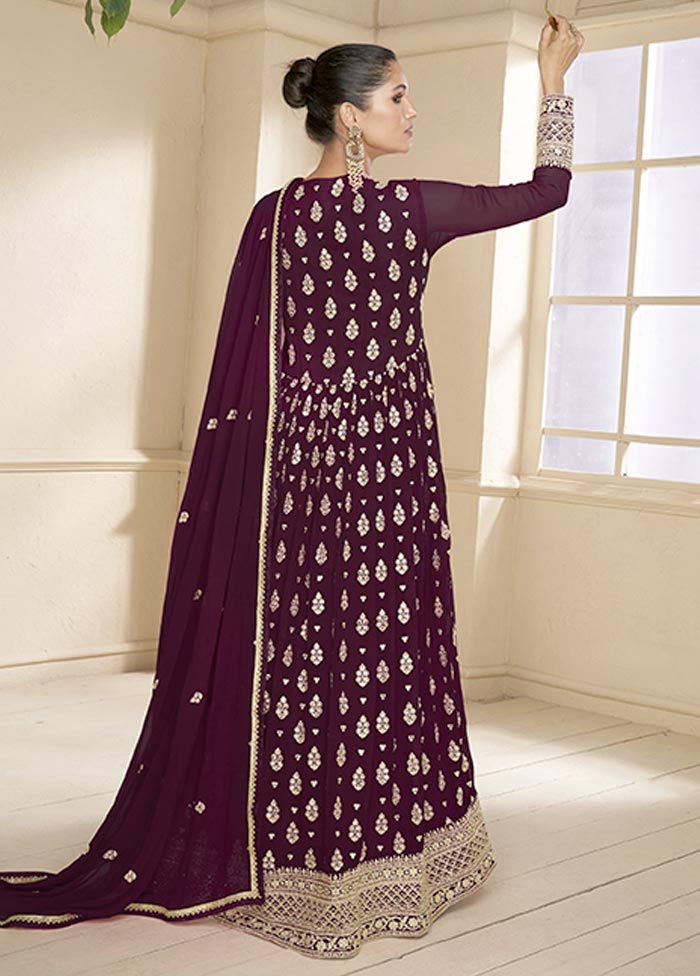 3 Pc Dark Purple Semi Stitched Georgette Suit Set