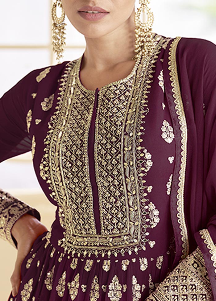 3 Pc Dark Purple Semi Stitched Georgette Suit Set