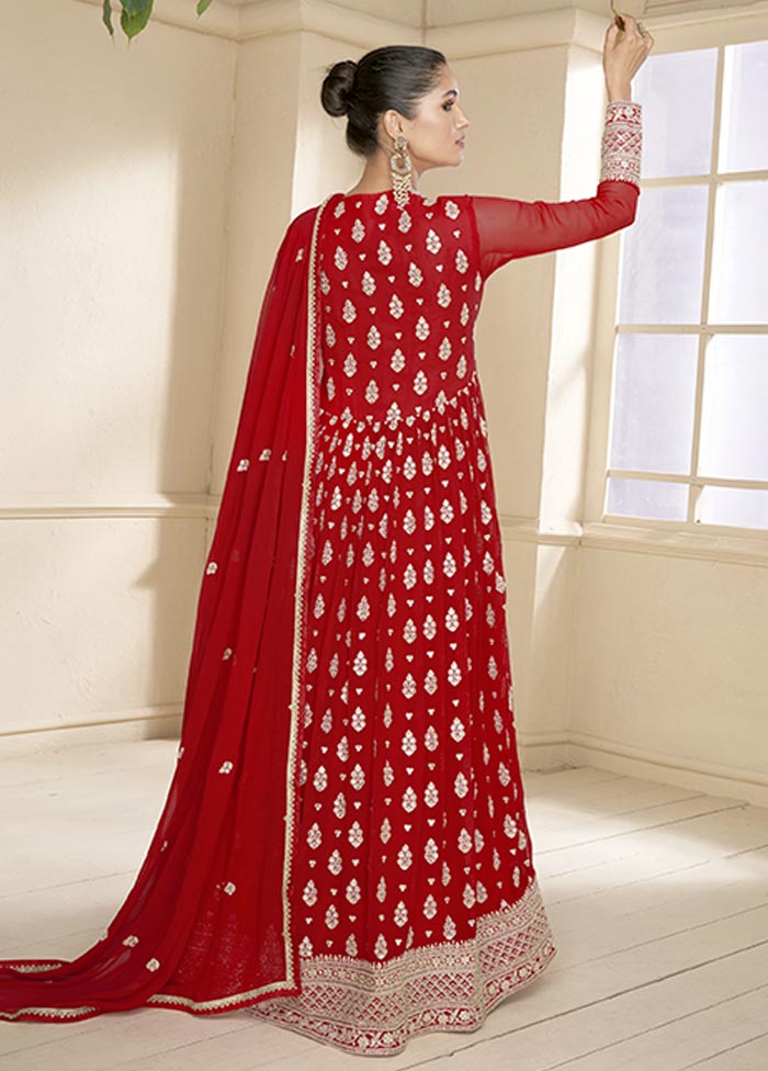 3 Pc Red Semi Stitched Georgette Suit Set