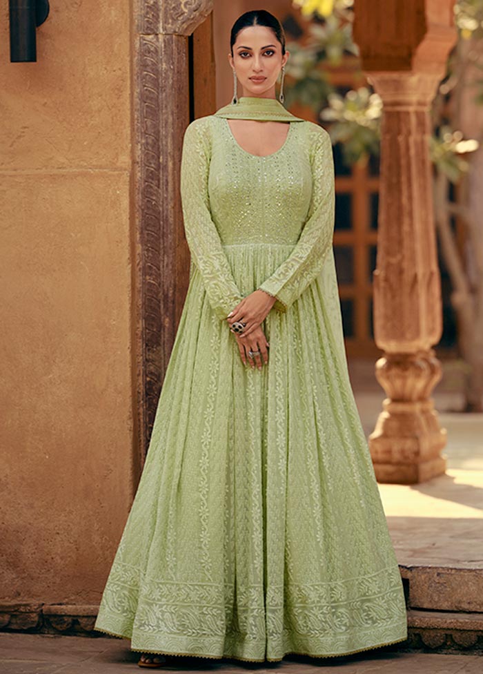 3 Pc Pista Green Semi Stitched Georgette Suit Set