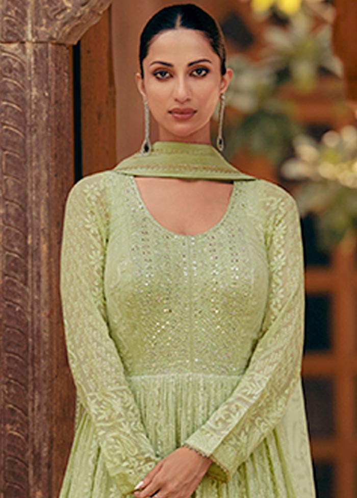 3 Pc Pista Green Semi Stitched Georgette Suit Set