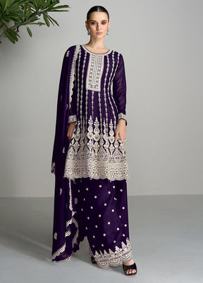 3 Pc Purple Semi Stitched Silk Suit Set