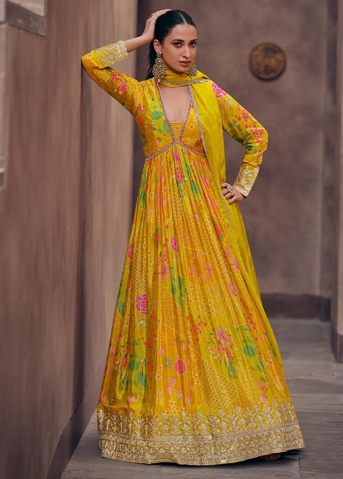 3 Pc Yellow Semi Stitched Georgette Suit Set