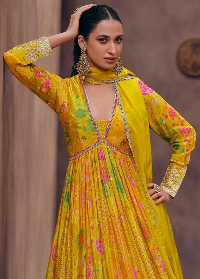 3 Pc Yellow Semi Stitched Georgette Suit Set