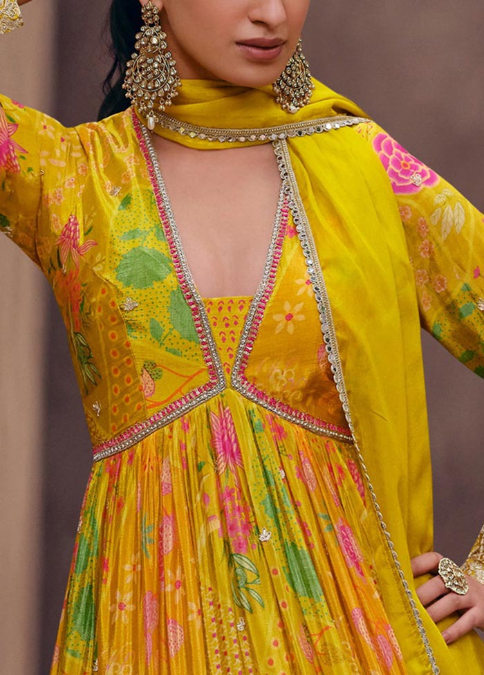 3 Pc Yellow Semi Stitched Georgette Suit Set