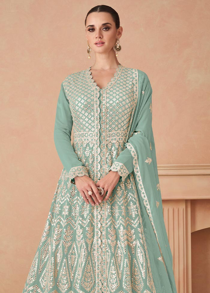 3 Pc Blue Semi Stitched Georgette Suit Set