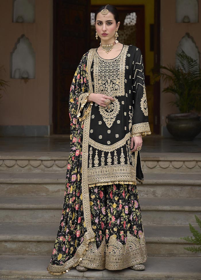 3 Pc Black Semi Stitched Silk Suit Set