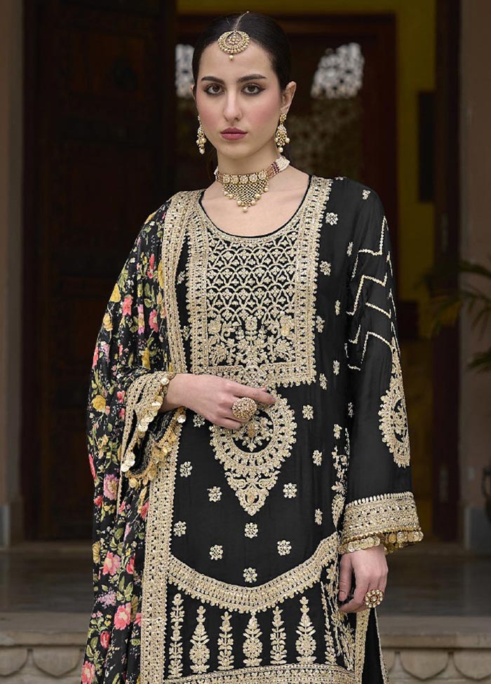 3 Pc Black Semi Stitched Silk Suit Set