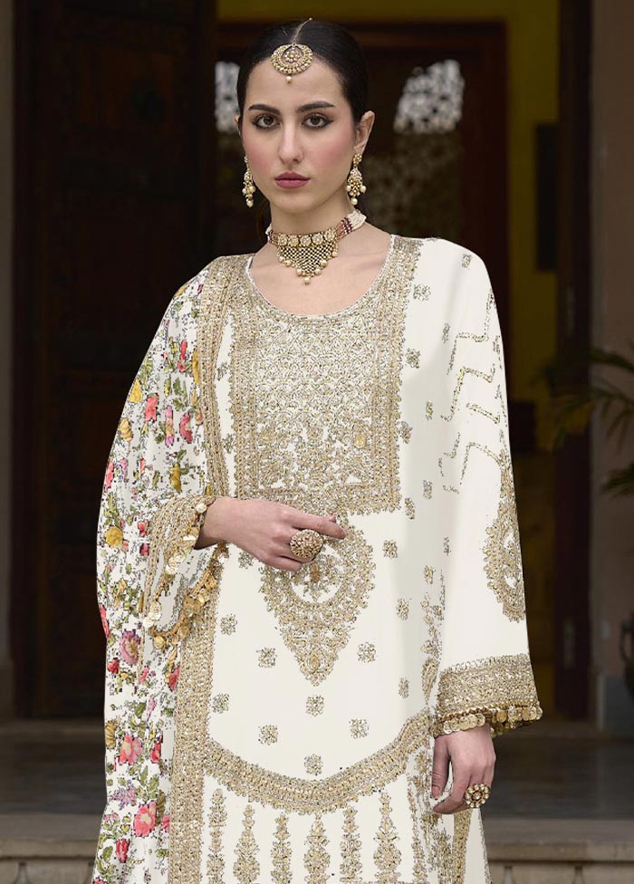 3 Pc White Semi Stitched Silk Suit Set