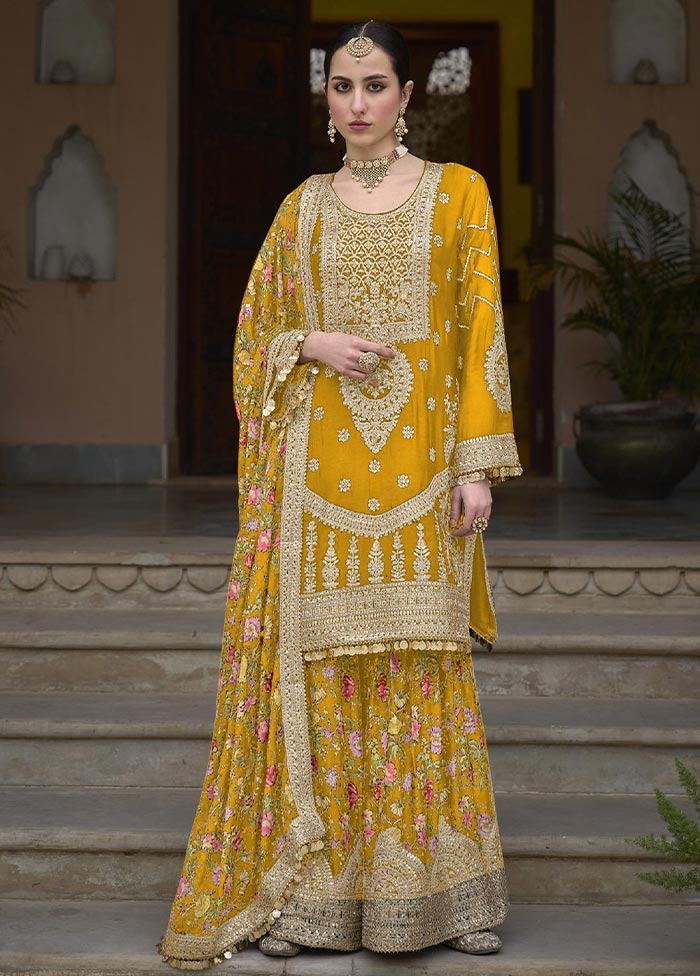 3 Pc Yellow Semi Stitched Silk Suit Set