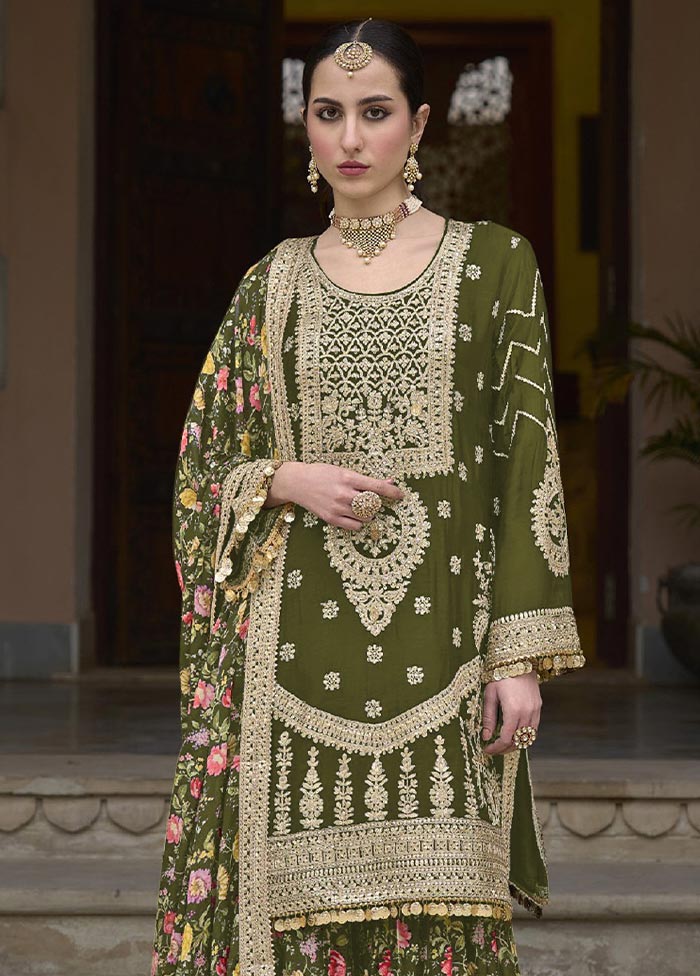 3 Pc Olive Green Semi Stitched Silk Suit Set