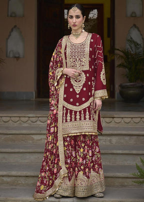 3 Pc Maroon Semi Stitched Silk Suit Set