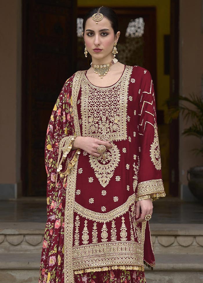 3 Pc Maroon Semi Stitched Silk Suit Set