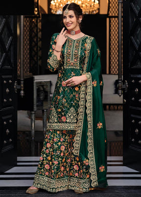 3 Pc Green Semi Stitched Silk Suit Set