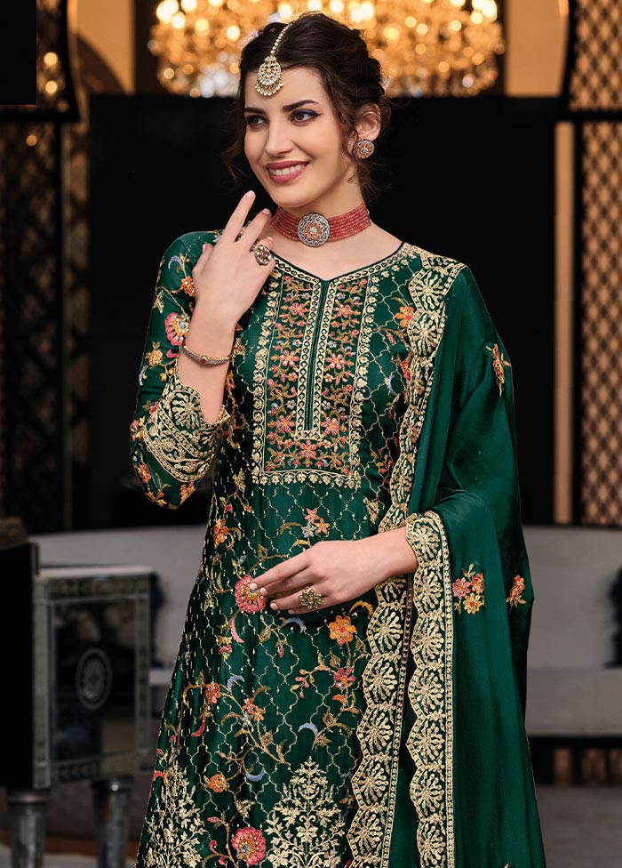 3 Pc Green Semi Stitched Silk Suit Set