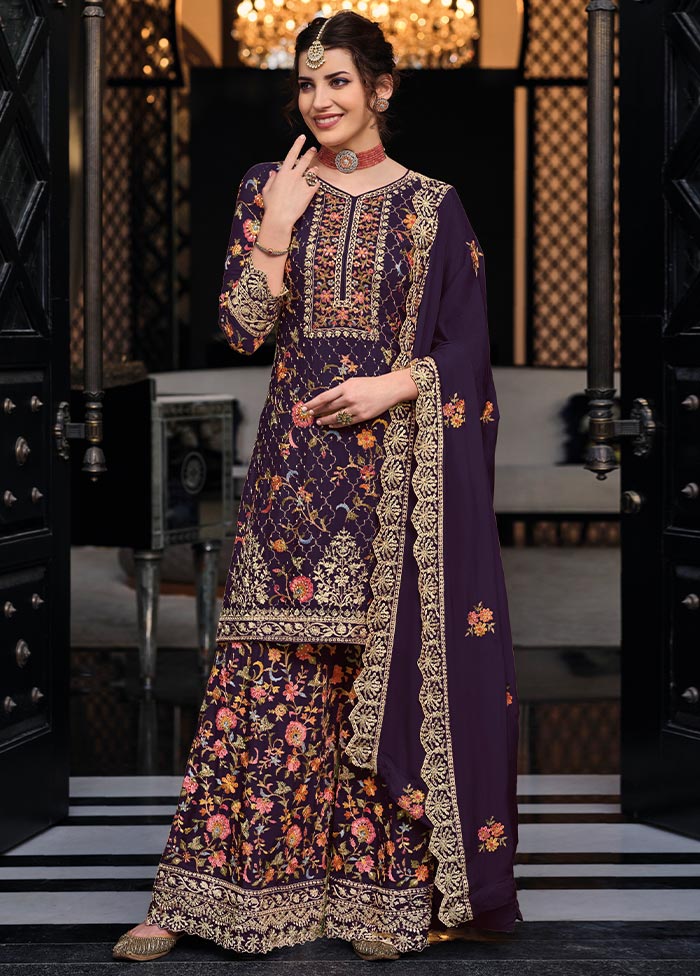 3 Pc Wine Semi Stitched Silk Suit Set