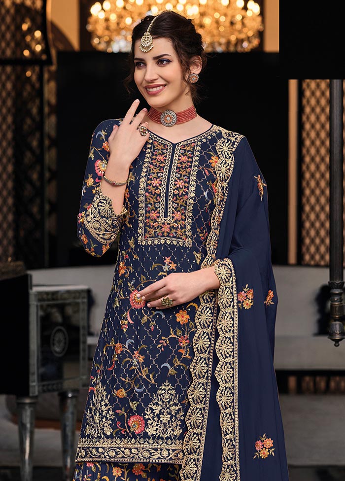 3 Pc Navy Blue Semi Stitched Silk Suit Set