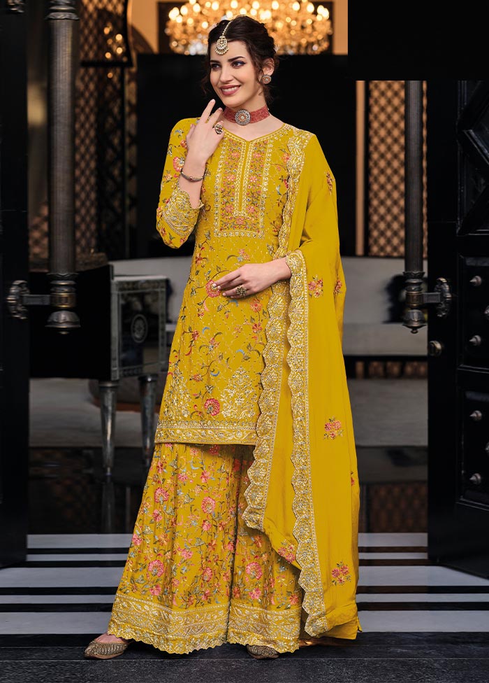 3 Pc Yellow Semi Stitched Silk Suit Set