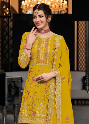 3 Pc Yellow Semi Stitched Silk Suit Set