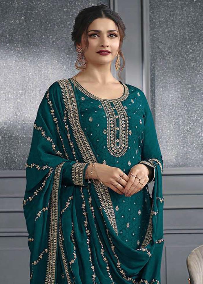 3 Pc Teal Semi Stitched Silk Suit Set