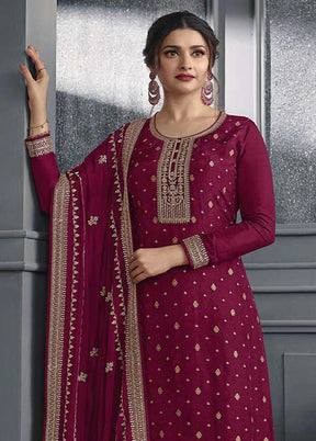 3 Pc Magenta Semi Stitched Silk Suit Set