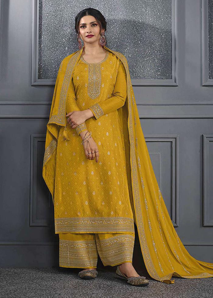 3 Pc Yellow Semi Stitched Silk Suit Set