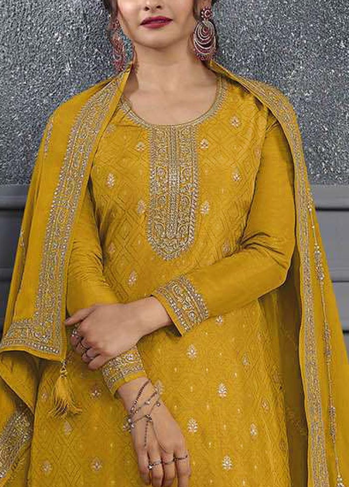 3 Pc Yellow Semi Stitched Silk Suit Set