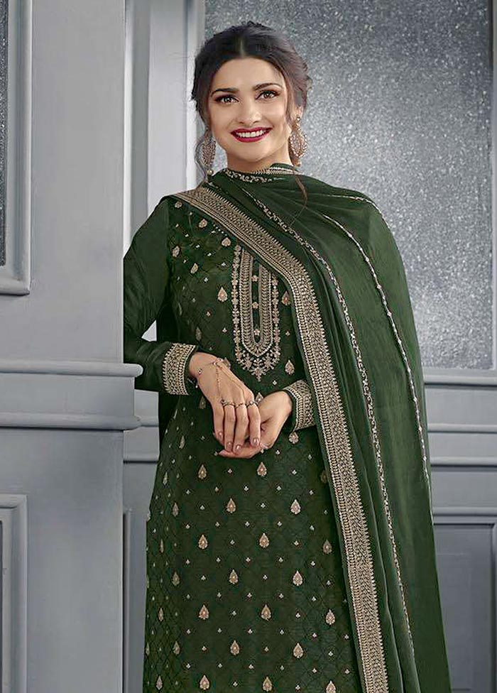 3 Pc Mehendi Green Semi Stitched Silk Suit Set