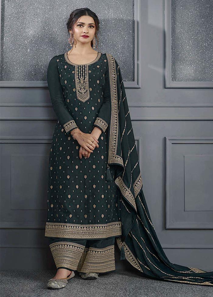 3 Pc Teal Semi Stitched Silk Suit Set