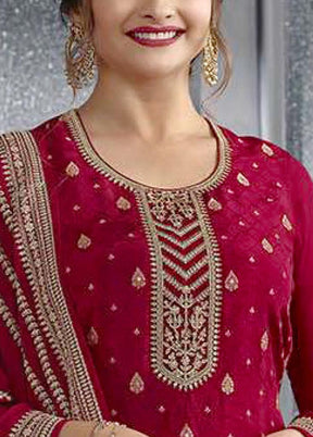 3 Pc Red Semi Stitched Silk Suit Set