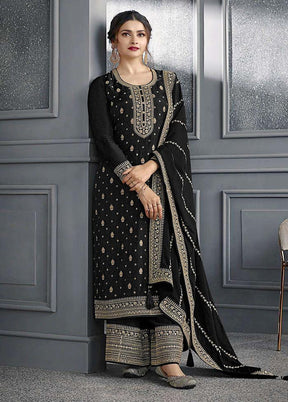 3 Pc Black Semi Stitched Silk Suit Set