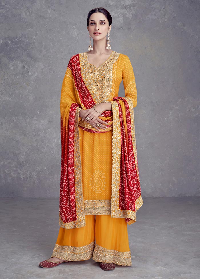 3 Pc Mustard Semi Stitched Silk Suit Set