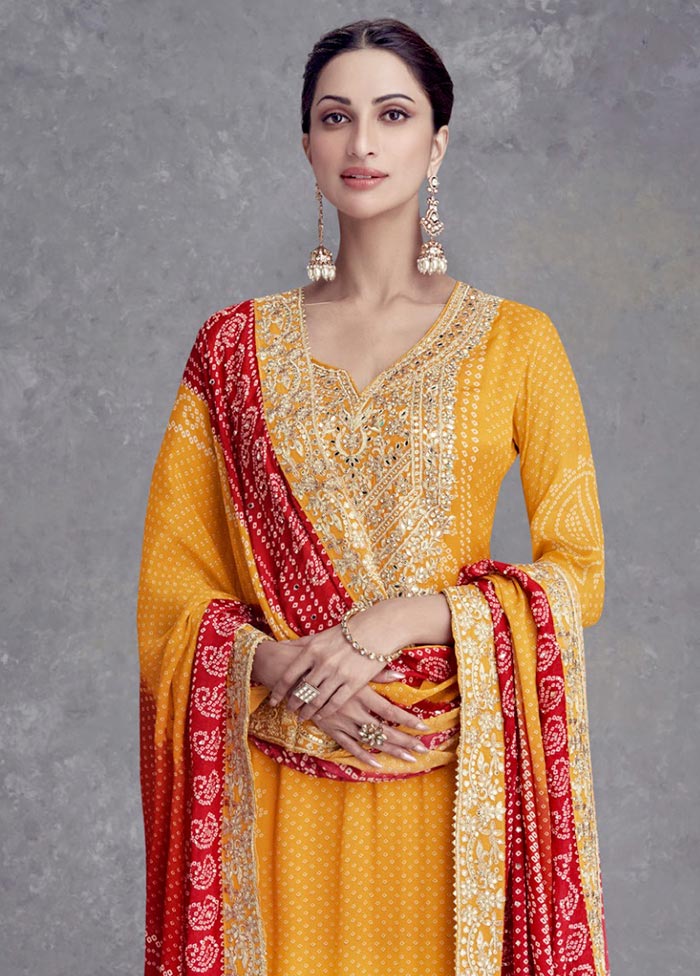 3 Pc Mustard Semi Stitched Silk Suit Set