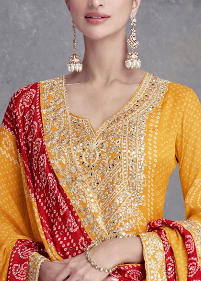 3 Pc Mustard Semi Stitched Silk Suit Set