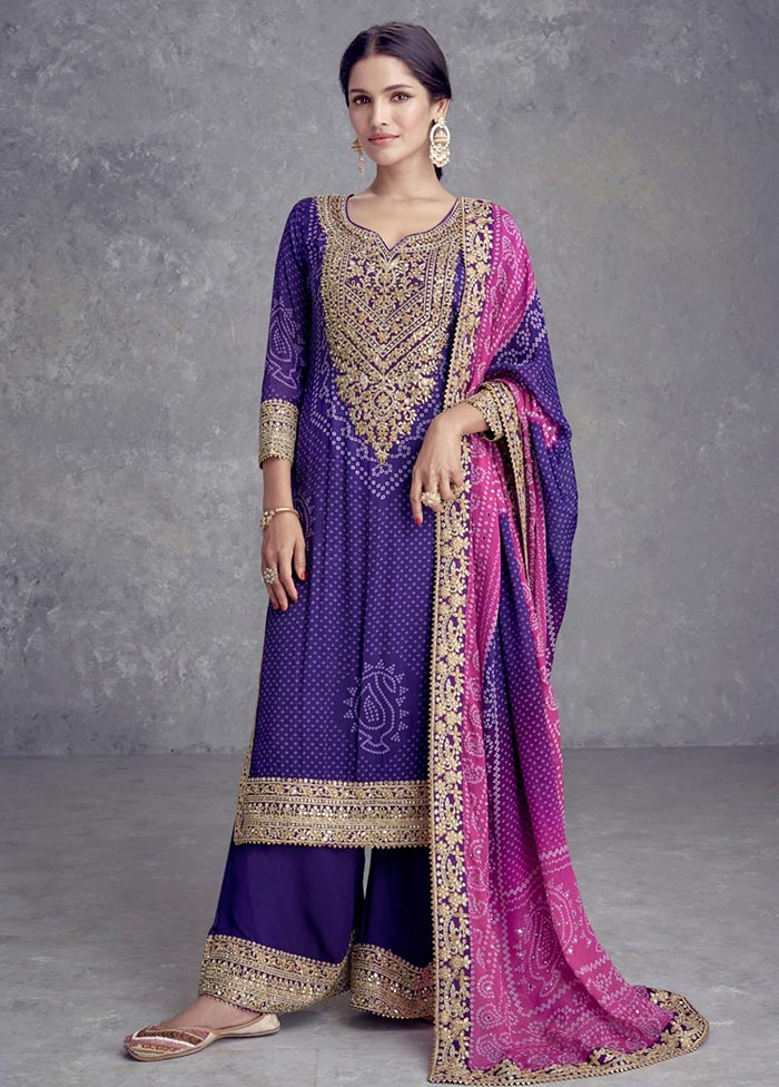 3 Pc Purple Semi Stitched Silk Suit Set