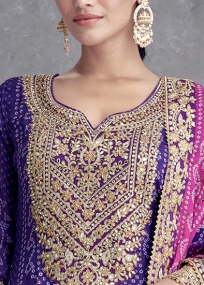 3 Pc Purple Semi Stitched Silk Suit Set